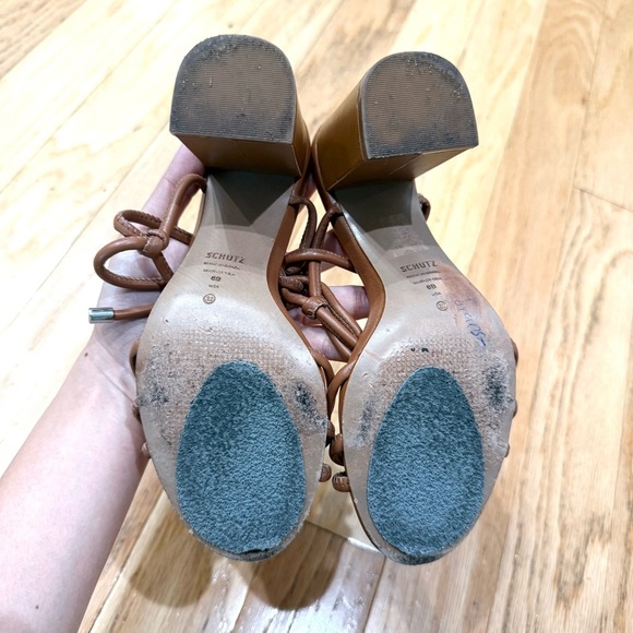 SCHUTZ Tan Brown Leather Kate Ankle Wrap Sandal Block Heel Tie Strap Size 6 - Picture 8 of 10